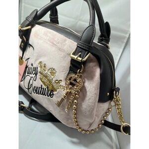 Juicy Couture Velour Satchel Handbag Pink Black Gold Crown Key Charm